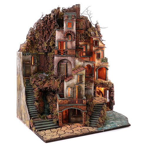 Scenografia szopki neapolitańskiej z oświetleniem, młynem, wodospadem, 100x80x60 cm 4