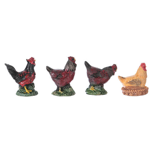 Rooster and hens in resin for 10 cm Nativity scene Moranduzzo, 4 pcs 1