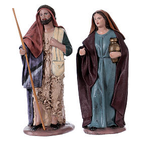 Traveller and woman with jar for Nativity scene in Spanish style, terracotta rigurines 14 cm