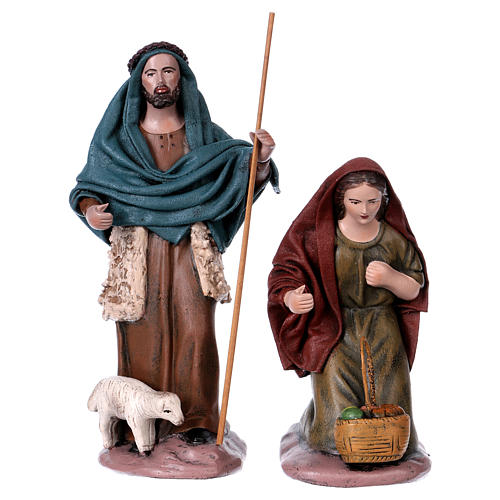Shepherd with lamb and revering woman in terracotta for Nativity Scene 14 cm 1