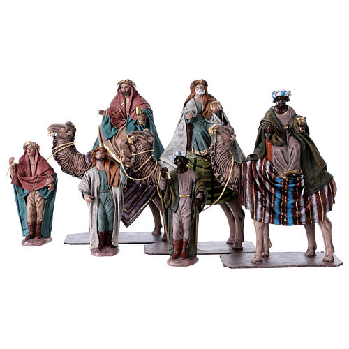 Heilige Könige auf Kamel mit Treibern 14cm Terrakotta und Stoff 1