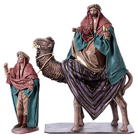 Three Wise Men with camels and camel owners for Nativity scene in terracotta, Spanish style 14 cm