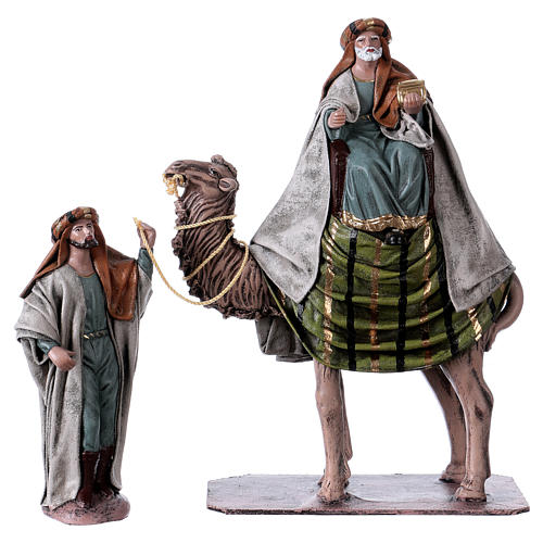 Three Wise Men with camels and camel owners for Nativity scene in terracotta, Spanish style 14 cm 6