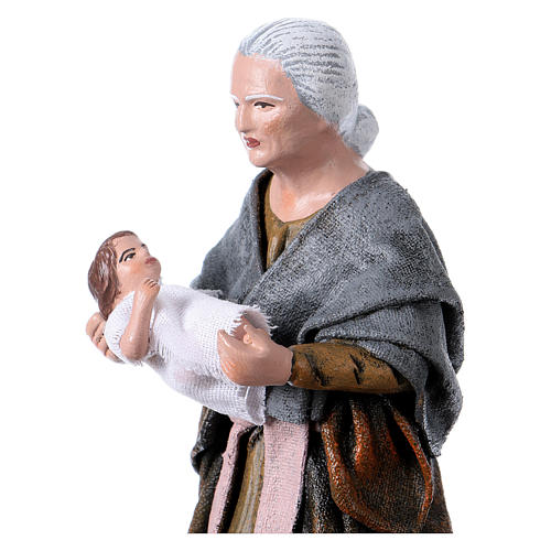 Alte Frau mit Baby 14cm Terrakotta und Stoff 2