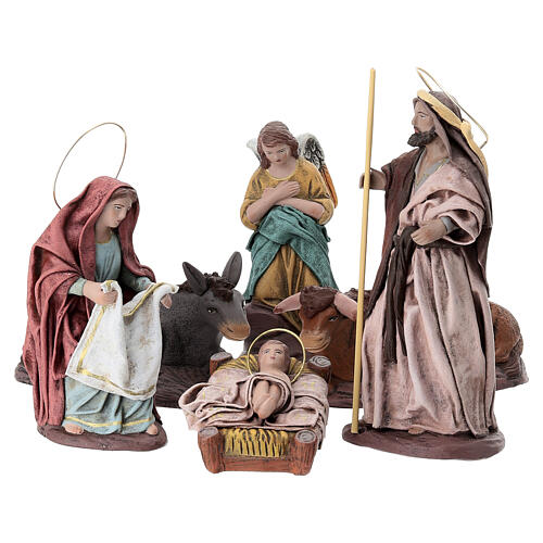 Nativity in terracotta with six characters, Spanish style 14 cm 1
