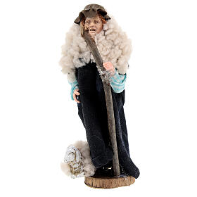 Shepherd with stick and sheep in terracotta and plastic, 12 cm nativity