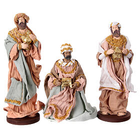 Reyes Magos 30 cm de terracota y tejido detalles oro