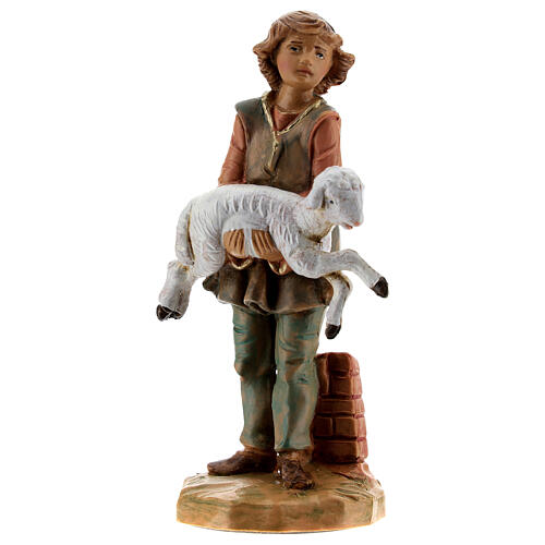 Jovem pastor com ovelha nos braços para presépio Fontanini com figuras de altura média 12 cm 1