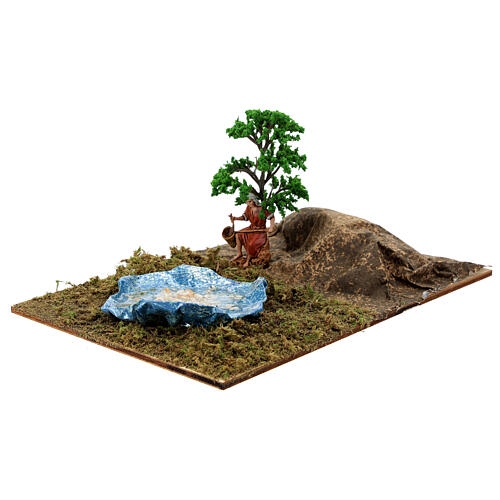 Lago com pescador cenário para presépio Moranduzzo com figuras altura média 6 cm, medidas: 14x30x20 cm 3