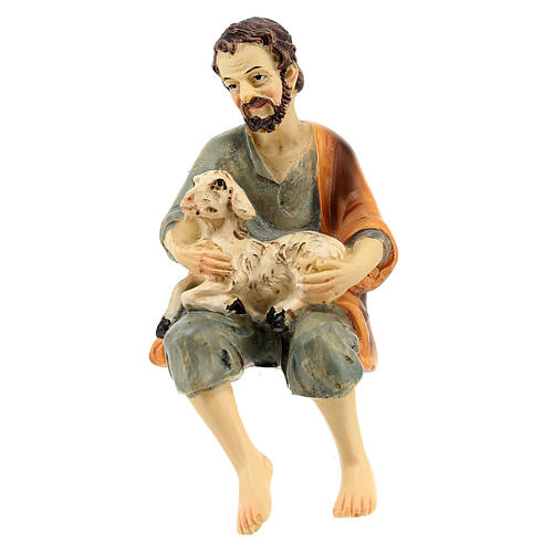 Pastor sentado com ovelha no joelho para presépio com figuras de resina de 12 cm de altura média 2
