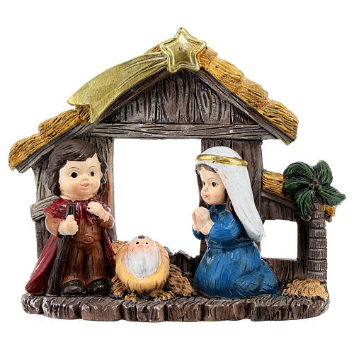 Painted Nativity set with stable, baby style, 10x10x5 cm 1