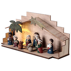 Wood stable with Nativity Scene of children, resin, characters of 5 cm, 10x25x5 cm