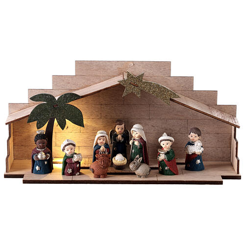 Wood stable with Nativity Scene of children, resin, characters of 5 cm, 10x25x5 cm 1