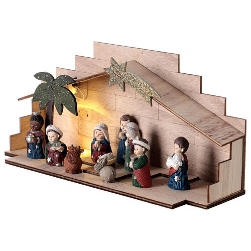 Wood stable with Nativity Scene of children, resin, characters of 5 cm, 10x25x5 cm 2