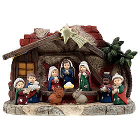 Nativity Scene with stable, baby style, 4 cm resin characters and light, 15x20x10 cm