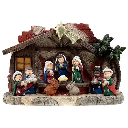 Nativity Scene with stable, baby style, 4 cm resin characters and light, 15x20x10 cm 1