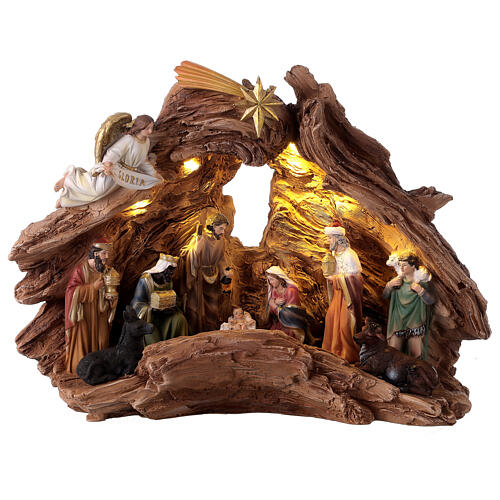 Nativity stable trunk 11 figurines 10 cm lights music 30x40x15 cm 1