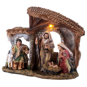 Stable with Nativity set, painted resin, LED light, 20x20x5 cm