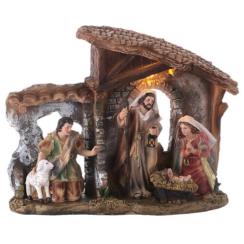 Stable with Nativity set, painted resin, LED light, 20x20x5 cm 1