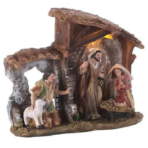 Stable with Nativity set, painted resin, LED light, 20x20x5 cm 3