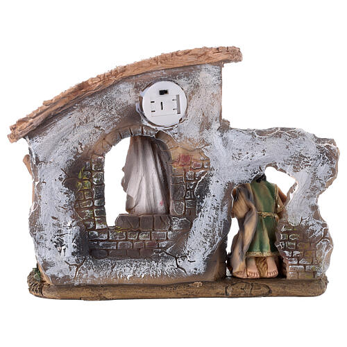 Stable with Nativity set, painted resin, LED light, 20x20x5 cm 4