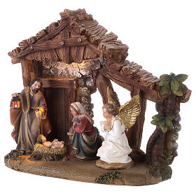 Nativité avec cabane résine peinte à la main lumière 20x20x10 cm