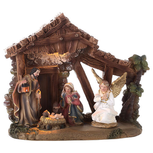 Nativité avec cabane résine peinte à la main lumière 20x20x10 cm 1