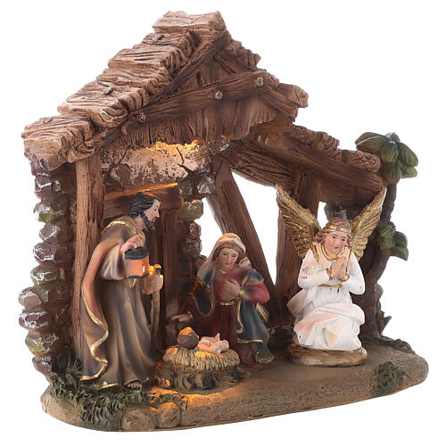 Nativité avec cabane résine peinte à la main lumière 20x20x10 cm 3