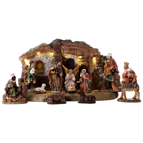 Stable with Nativity Scene, painted resin, 11 characters of 11 cm and light, 20x35x15 cm 1