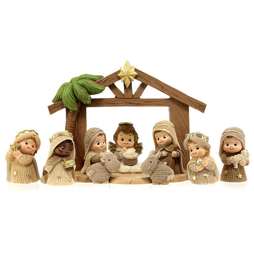 Nativity Scene of 6 cm, set of 8 resin characters with baby features, knitted pattern, 10x15x5 cm 1
