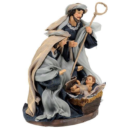 Nativity set on a base, 30 cm, resin and blue fabric 5