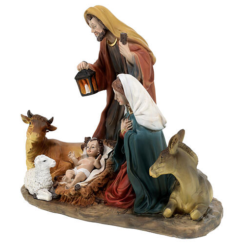 Natividade com boi, burro e ovelha resina pintada 30x28x15,5 cm 3