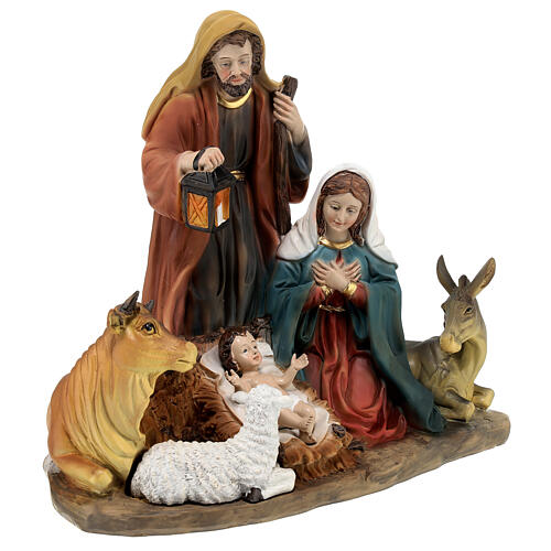 Natividade com boi, burro e ovelha resina pintada 30x28x15,5 cm 5