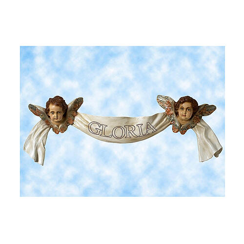 Engel mit Feston mit Gloria-Schriftzug, 160 cm, Lando Landi, Fiberglas, Kristallaugen, AUßEN 1
