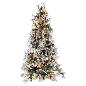 Albero di Natale 230 cm pino innevato con pigne naturali 450 luci led interno feel real