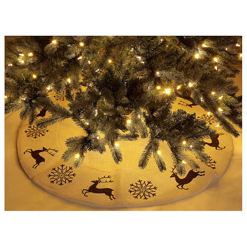 Falda cubre base Árbol Navidad ciervo copos nieve d. 120 cm lurex algodón 2