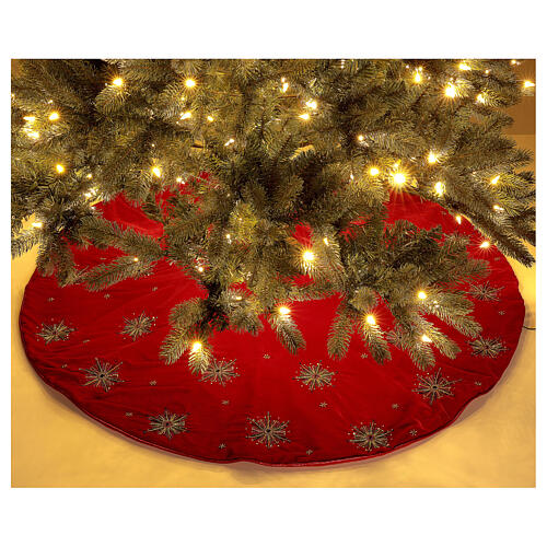 Red Christmas tree skirt with fireworks 130 cm polyester rayon 2