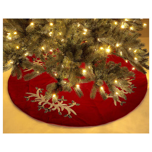 Red velvet Christmas tree skirt with misteltoe 140 cm polyester rayon 2