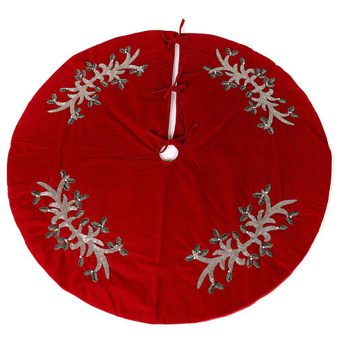 Falda cubre base Árbol Navidad rojo muérdago d. 1,40 cm poli. rayón algodón 1