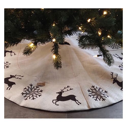 Abdeckung Weihnachtsbaumständer Hirsch und Schneeflocken aus Jute, 140 cm 2