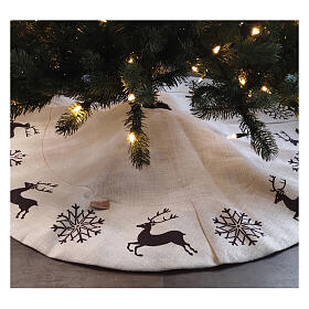 Jute Christmas tree skirt with reindeers and snowflakes, 140 cm