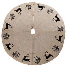 Jute Christmas tree skirt with reindeers and snowflakes, 135 cm