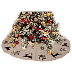 Jute Christmas tree skirt with reindeers and snowflakes, 135 cm