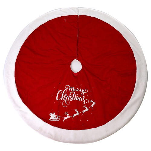 Red Christmas tree skirt with Santa and "Merry Christmas" inscription 125 cm 1