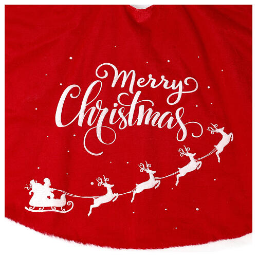 Red Christmas tree skirt with Santa and "Merry Christmas" inscription 125 cm 4