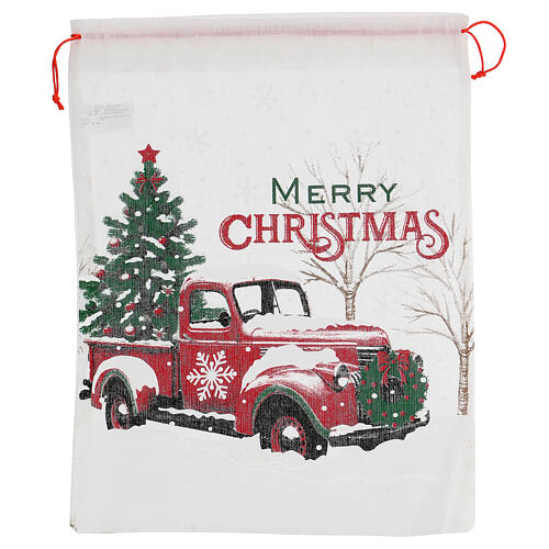 Fabric bag for gifts with red truck and Christmas tree 20x16 in 1