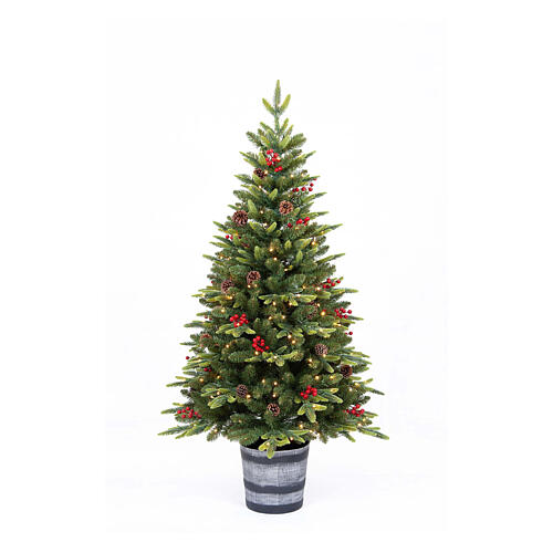 Pine tree with pinecones and berries in a pot, 120 cm, 150 warm white LED lights, feel-real poly 1