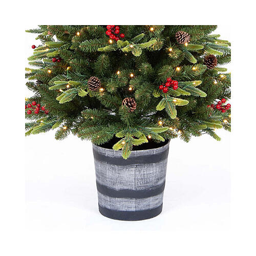 Pine tree with pinecones and berries in a pot, 120 cm, 150 warm white LED lights, feel-real poly 3