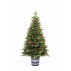 Künstlicher Weihnachtsbaum mit Beeren, Zapfen und 200 warmweißen LEDs, 150 cm, Poly Feel Real, mit Topf-Basis
