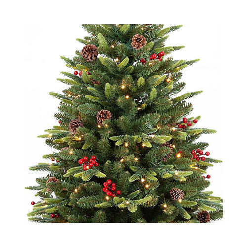 Künstlicher Weihnachtsbaum mit Beeren, Zapfen und 200 warmweißen LEDs, 150 cm, Poly Feel Real, mit Topf-Basis 2